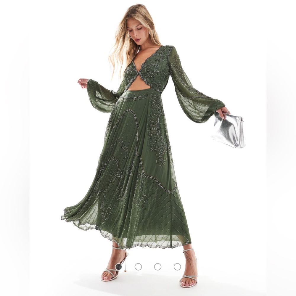 ASOS Design Emellished Long Sleeve Cut Out Midi Dress in Dark Green